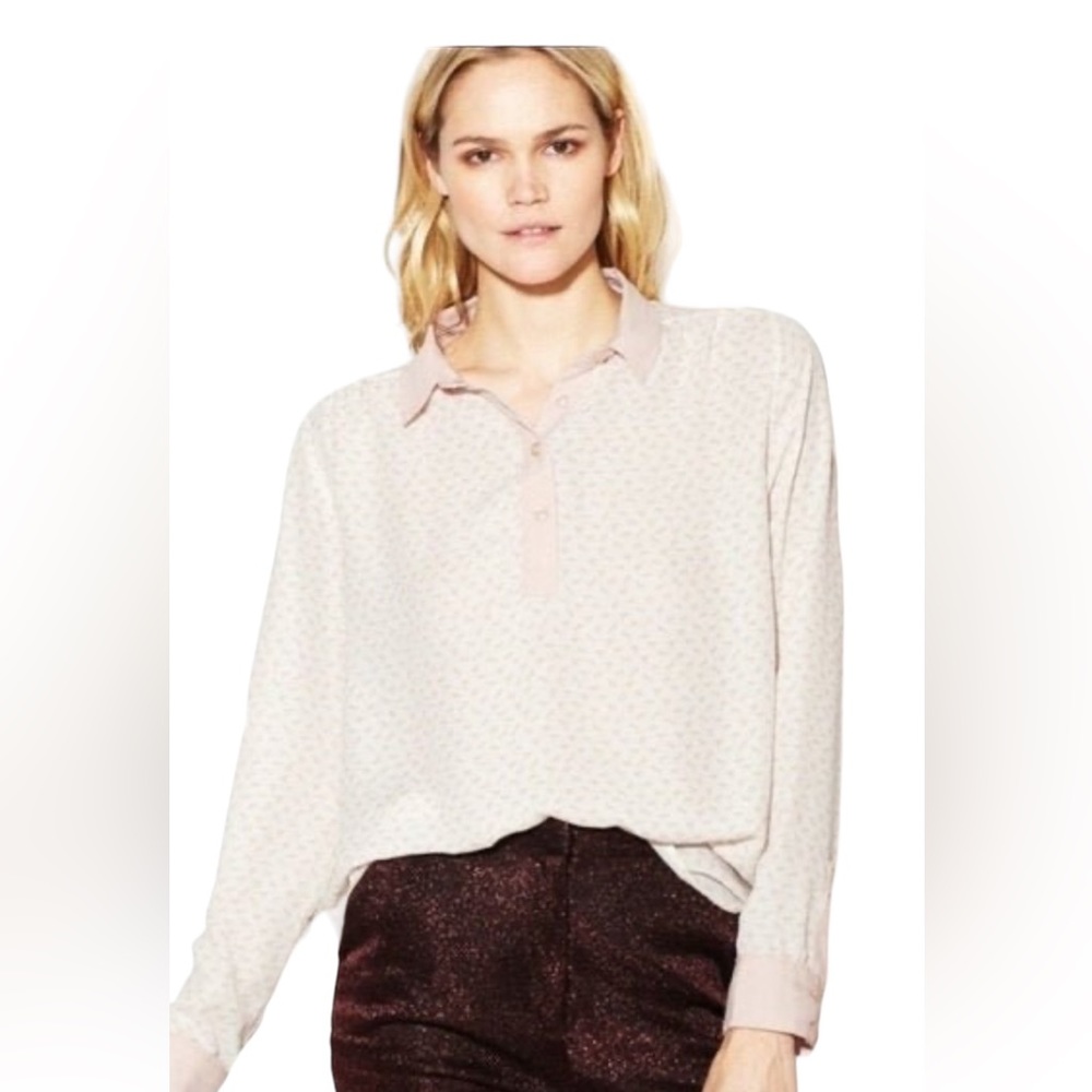 Free People White & Pink Horse Print Button Up Long Sleeve Sheer Blouse S